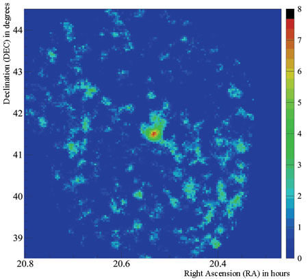 Карта неба, отображающая интенсивность гамма-излучения, испускаемого источником TeV J2032+4130, с сайта www.edpsciences.org