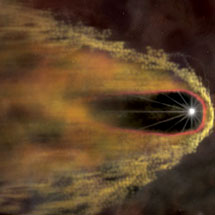 Так художник представляет происходящее с Черной Вдовой. Быстро вращающийся пульсар - белая звезда с лучами - движется слева направо, ударная волна мчится перед его "носом" в окружении межзвездного газа. С сайта www.spaceflightnow.com