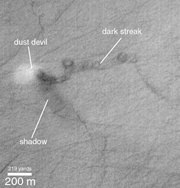 "Пыльный дьявол" на Марсе. Вид сверху. Декабрь 1999 года. Фото NASA/JPL/Malin Space Science Systems с сайта www.astrobio.net