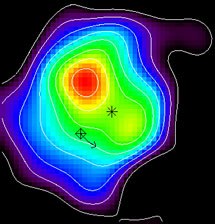Псевдоцветное изображение температурных градаций диска у Веги с сайта www.pparc.ac.uk. Дисковая структура включает в себя две яркие группы, показанные желтым и красным цветом. Звезда едва заметна и расположена в самом центре изображения, между этими двумя группами. Район, показанный на снимке, в два раза превышает расстояние от Солнца до Нептуна. Недостача пыли поблизости от звезды - первый признак того, что планетная система скрывается в этом отверстии. Компьютерное моделирование показывает, что эта система очень похожа на нашу собственную Солнечную систему. Положение звезды отмечено звездочкой (*), а предсказанное положение новооткрытой планеты и направление ее движения - крестиком (x).